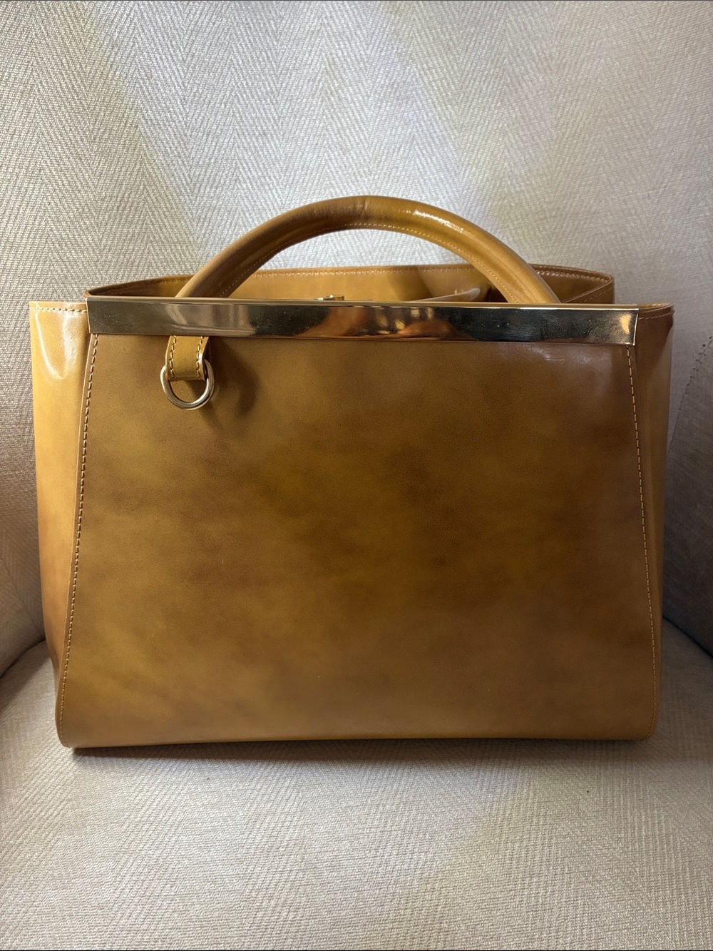 Alberta Di Canio Tan Brown Leather Satchel with Gold Trim